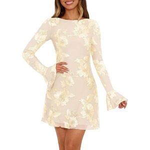 MEROKEETY Women’s Floral Mesh Weeding Guest Cocktail Mini Dress | Ruffled Long Sleeve, Bodycon, Boat Neck, Fit and Flare, Wedding Guests, Night Out, Date, Club, Elengant Sexy, Fall Dress 2026(Apricot)