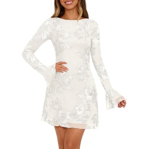 MEROKEETY Women’s Floral Mesh Weeding Guest Cocktail Mini Dress | Ruffled Long Sleeve, Bodycon, Boat Neck, Fit and Flare, Wedding Guests, Night Out, Date, Club, Elengant Sexy, Fall Dress 2026(White)