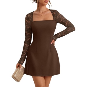 MEROKEETY Women’s Lace Long Sleeve Square Neck Cocktail Club Mini Dress | Square Neck, Party, Date Night, Wedding Guest, A-line, Slim Fit, Short Dress, Fall, Elegant Dressy, Formal, Knit, High Waist(Coffee)