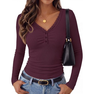 MEROKEETY Women’s Lace Trim V Neck Cute Tops Long Sleeve Henley Shirt | Ribbed Knit Shirts, Slim Fitted, Button Down, Going Out Y2k Tops, Ruched Casual Outfits, Fall Fashion Layering Clothing(Burgundy)