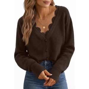 MEROKEETY Women’s Lace V Neck Cardigan Sweaters Fall Trendy Fashion Clothes | Long Sleeve, Button Up, Cozy, Stretchy, Lightweight, Soft Knit Sweaters, Elegant Dressy Outfits, Business Casual, Warm Coats(Coffee)