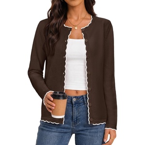 MEROKEETY Women’s Long Sleeve Button Down Cardigan Sweater 2026 Fall Trendy Open Front Crew Neck Soft Knitted Sweaters Coat(Coffee)