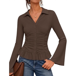 MEROKEETY Women’s Long Sleeve Button Down Shirts 2026 Fall Collared Ruched V Neck Business Casual Tops Ruffle Knit Blouses(Brown)