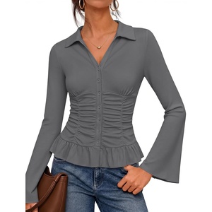 MEROKEETY Women’s Long Sleeve Button Down Shirts 2026 Fall Collared Ruched V Neck Business Casual Tops Ruffle Knit Blouses(Gray)