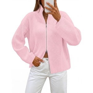 MEROKEETY Womens Long Sleeve Chunky Knit Mock Neck Cardigan Sweaters 2026 | Zip Up Ribbed Tops, Open Front Jackets Coats, Drop Shoulder Outerwear, Trendy Outfits, Fall Fashion, Warm Winter Clothing(Pink)