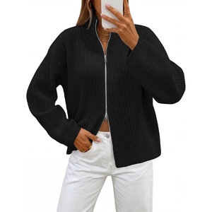 MEROKEETY Womens Long Sleeve Chunky Knit Mock Neck Cardigan Sweaters 2026 | Zip Up Ribbed Tops, Open Front Jackets Coats, Drop Shoulder Outerwear, Trendy Outfits, Fall Fashion, Warm Winter Clothing(Black)