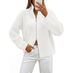 MEROKEETY Womens Long Sleeve Chunky Knit Mock Neck Cardigan Sweaters 2026 | Zip Up Ribbed Tops, Open Front Jackets Coats, Drop Shoulder Outerwear, Trendy Outfits, Fall Fashion, Warm Winter Clothing(White)