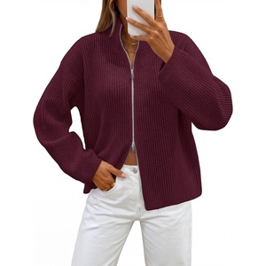 MEROKEETY Womens Long Sleeve Chunky Knit Mock Neck Cardigan Sweaters 2026 | Zip Up Ribbed Tops, Open Front Jackets Coats, Drop Shoulder Outerwear, Trendy Outfits, Fall Fashion, Warm Winter Clothing(Burgundy)