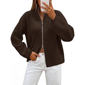 MEROKEETY Womens Long Sleeve Chunky Knit Mock Neck Cardigan Sweaters 2026 | Zip Up Ribbed Tops, Open Front Jackets Coats, Drop Shoulder Outerwear, Trendy Outfits, Fall Fashion, Warm Winter Clothing(Coffee)