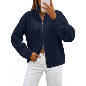MEROKEETY Womens Long Sleeve Chunky Knit Mock Neck Cardigan Sweaters 2026 | Zip Up Ribbed Tops, Open Front Jackets Coats, Drop Shoulder Outerwear, Trendy Outfits, Fall Fashion, Warm Winter Clothing(Navy)