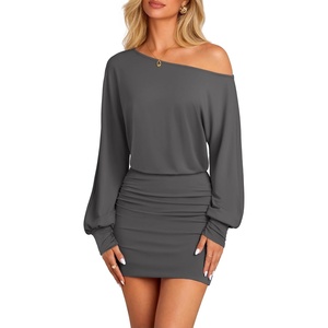 MEROKEETY Women’s Off Shoulder Fall Long Sleeve Cocktail Party Mini Dresses | Bodycon, Dolman Sleeve, Asymmetrical, Ruched Waist, High Waist, Slim Fit, Date Night, Cocktail Party, Y2K, Club Short Dress(Grey)