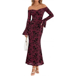 MEROKEETY Women’s Off The Shoulder Bodycon Fall Wedding Guest Maxi Dress | Bell Long Sleeve, Floral Mesh, Fully Lined, Ruched Bust, 2026 Winter, Elegant Sexy Trendy, Formal Cocktail Date night Dresses(Burgundy)