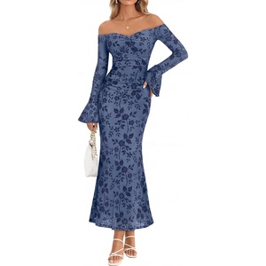 MEROKEETY Women’s Off The Shoulder Bodycon Fall Wedding Guest Maxi Dress | Bell Long Sleeve, Floral Mesh, Fully Lined, Ruched Bust, 2026 Winter, Elegant Sexy Trendy, Formal Cocktail Date night Dresses(Dusty Blue)