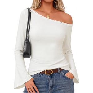 MEROKEETY Women’s Off The Shoulder Going Out Long Sleeve Tops | Asymmetrical Neck, Metal Rivets, Slim Fit, Cute Shirts, Fall Fashion, Y2k Clothes, Date Night, Streetwear, Trendy Outfits(White)