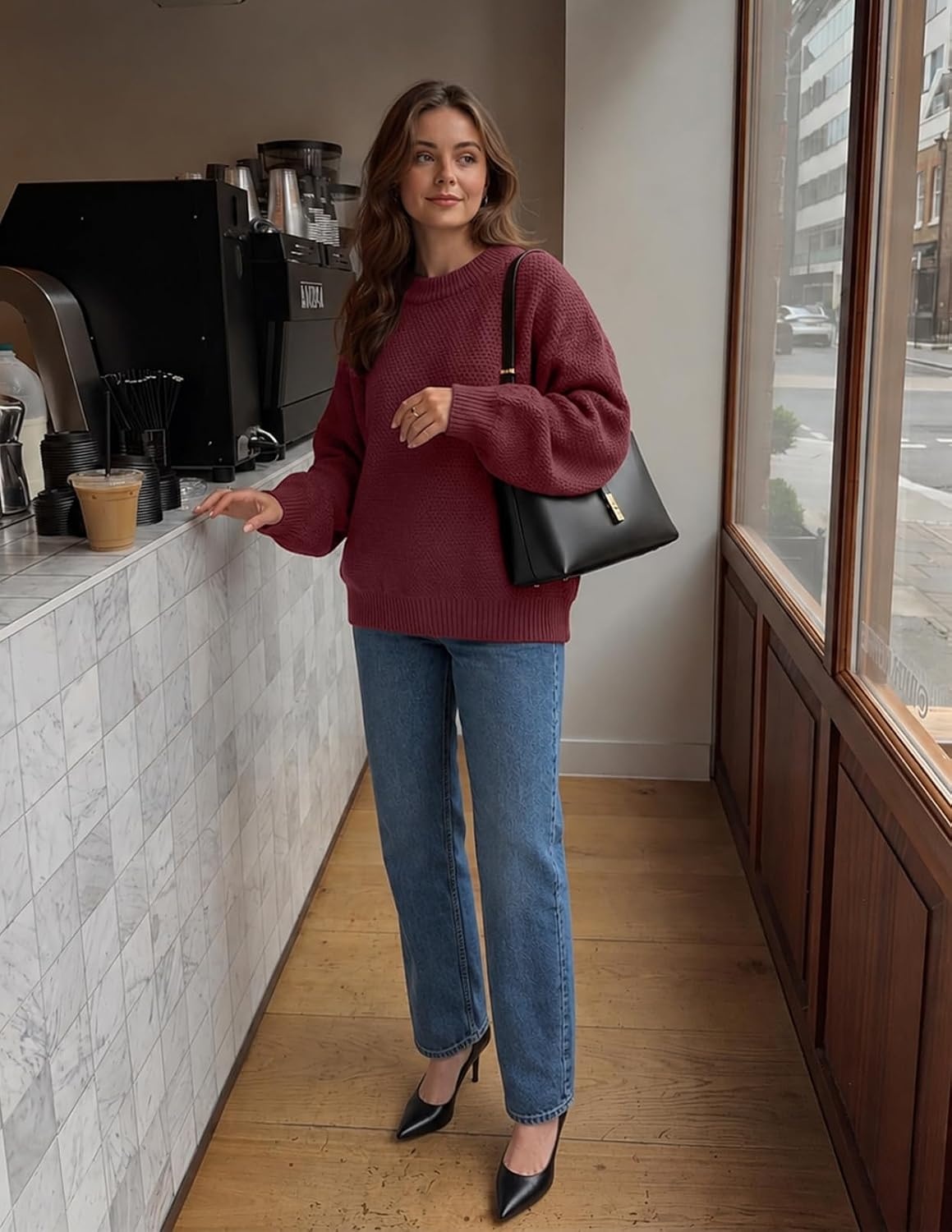 image:imageMEROKEETY Womens Fall Cozy Cute Heathered Knit Loose Pullover Sweaters 2026 Ladies Trendy Winter Relaxed Oversized Fit Crew Neck Casual Long Sleeve Slouchy Warm Holiday Jumper TopsBurgundy