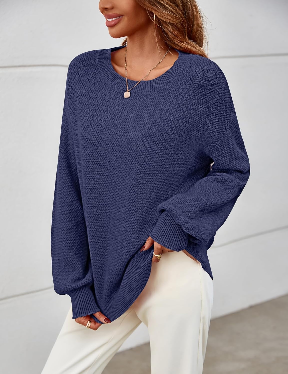 image:imageMEROKEETY Womens Fall Cozy Cute Heathered Knit Loose Pullover Sweaters 2026 Ladies Trendy Winter Relaxed Oversized Fit Crew Neck Casual Long Sleeve Slouchy Warm Holiday Jumper TopsNavy