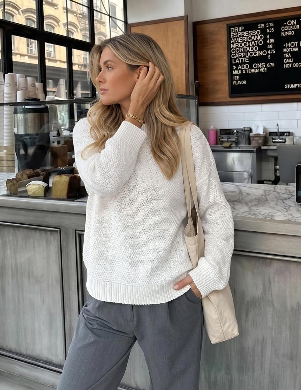 image:imageMEROKEETY Womens Fall Cozy Cute Heathered Knit Loose Pullover Sweaters 2026 Ladies Trendy Winter Relaxed Oversized Fit Crew Neck Casual Long Sleeve Slouchy Warm Holiday Jumper TopsOffwhite