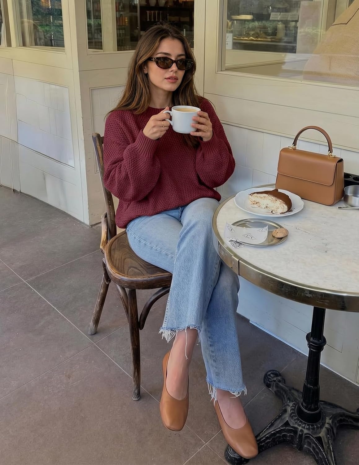 image:imageMEROKEETY Womens Fall Cozy Cute Heathered Knit Loose Pullover Sweaters 2026 Ladies Trendy Winter Relaxed Oversized Fit Crew Neck Casual Long Sleeve Slouchy Warm Holiday Jumper TopsBurgundy