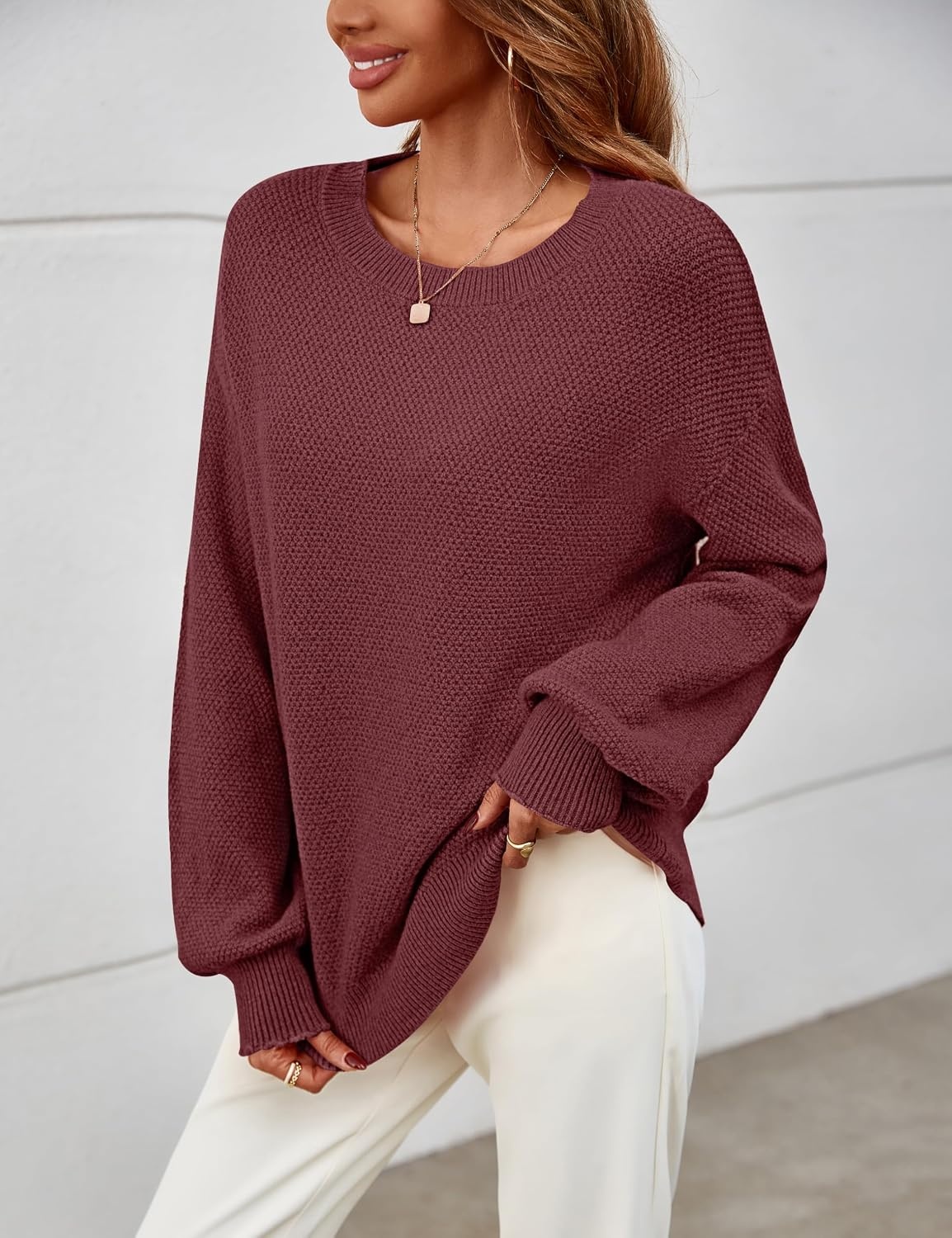 image:imageMEROKEETY Womens Fall Cozy Cute Heathered Knit Loose Pullover Sweaters 2026 Ladies Trendy Winter Relaxed Oversized Fit Crew Neck Casual Long Sleeve Slouchy Warm Holiday Jumper TopsBurgundy