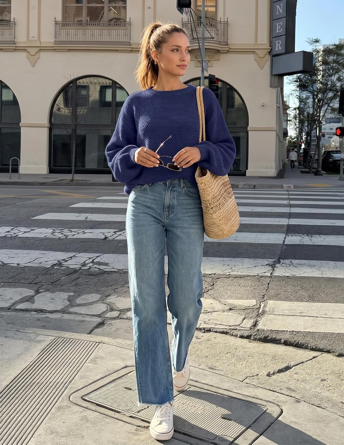 image:imageMEROKEETY Womens Fall Cozy Cute Heathered Knit Loose Pullover Sweaters 2026 Ladies Trendy Winter Relaxed Oversized Fit Crew Neck Casual Long Sleeve Slouchy Warm Holiday Jumper TopsNavy