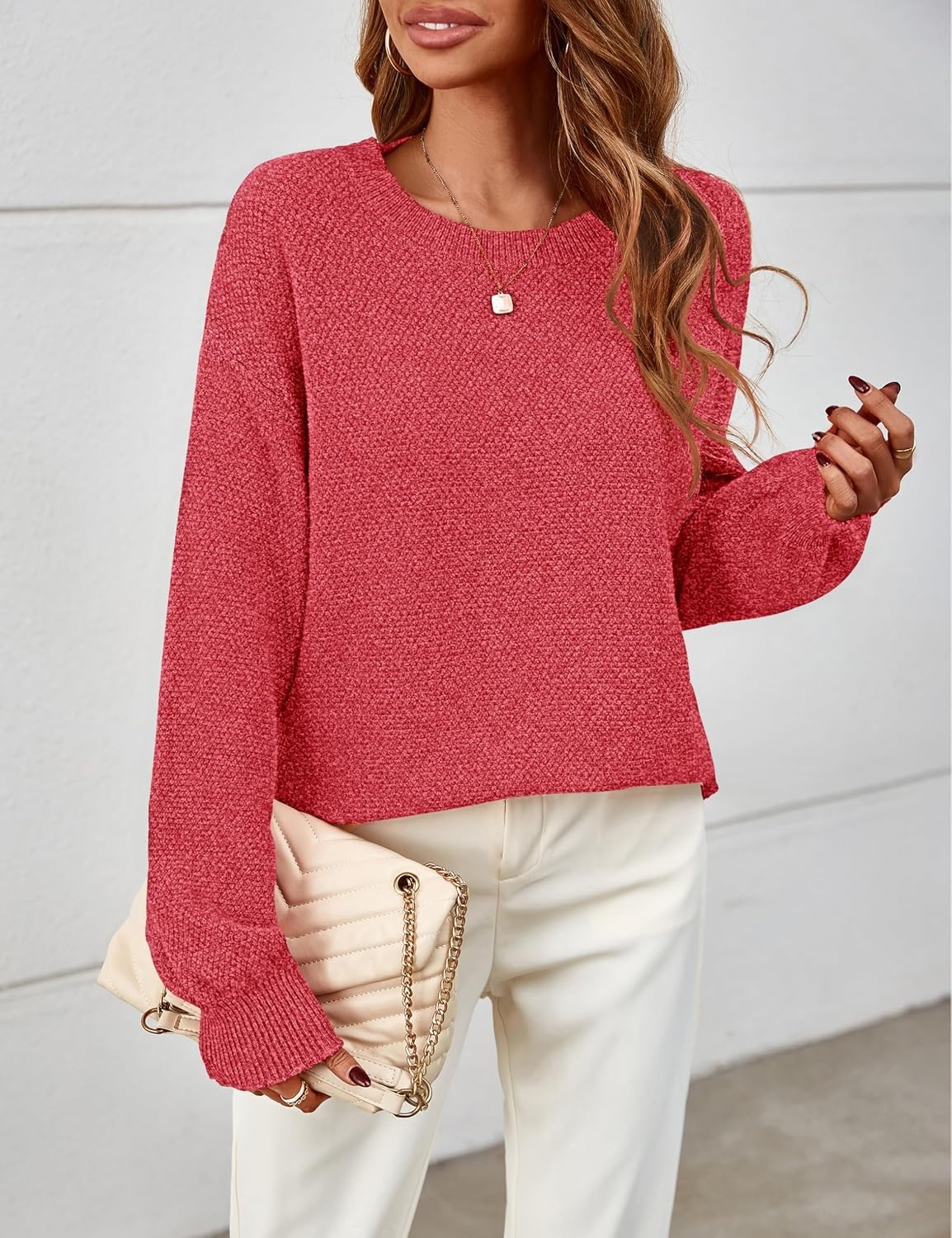 image:imageMEROKEETY Womens Fall Cozy Cute Heathered Knit Loose Pullover Sweaters 2026 Ladies Trendy Winter Relaxed Oversized Fit Crew Neck Casual Long Sleeve Slouchy Warm Holiday Jumper TopsRed