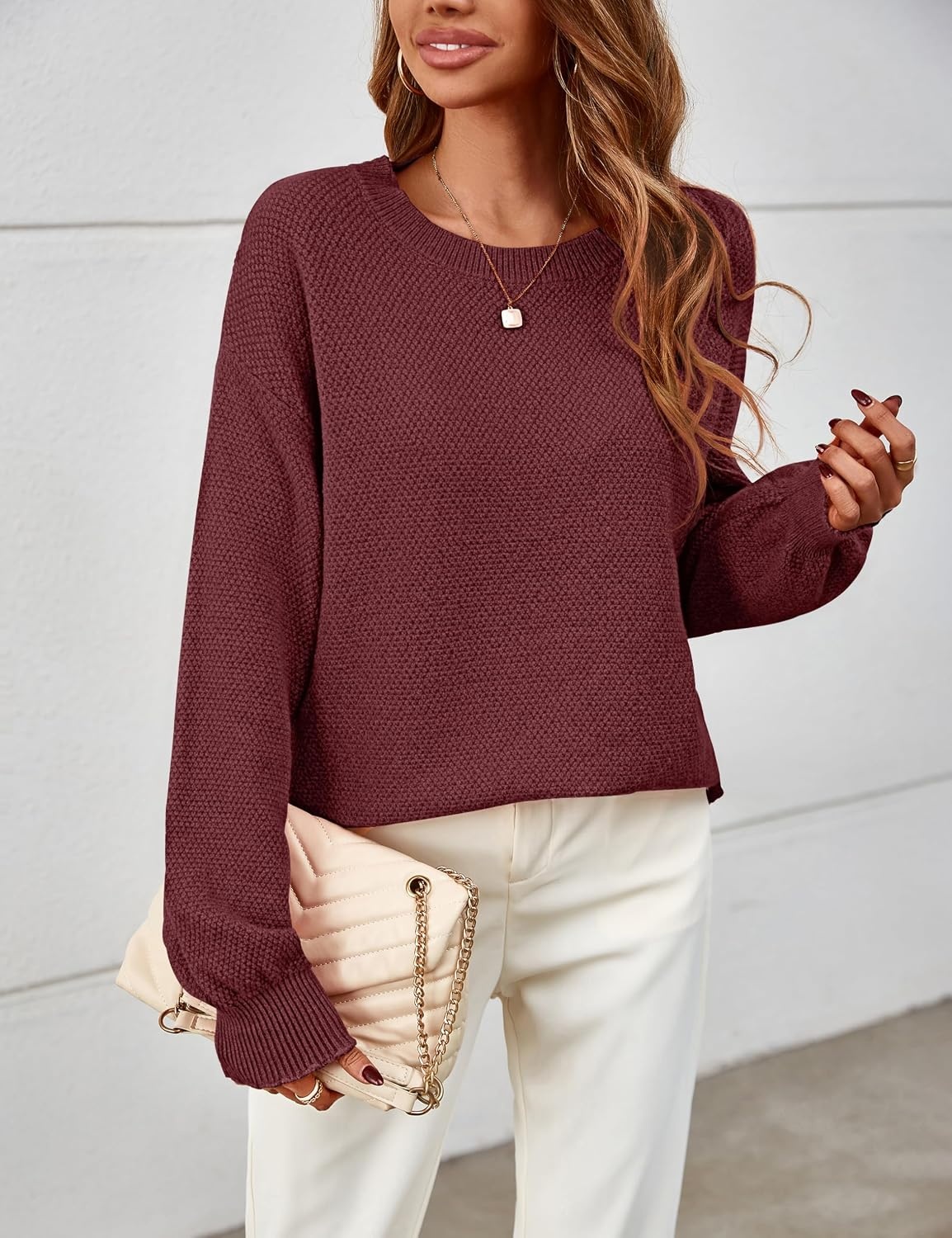 image:imageMEROKEETY Womens Fall Cozy Cute Heathered Knit Loose Pullover Sweaters 2026 Ladies Trendy Winter Relaxed Oversized Fit Crew Neck Casual Long Sleeve Slouchy Warm Holiday Jumper TopsBurgundy