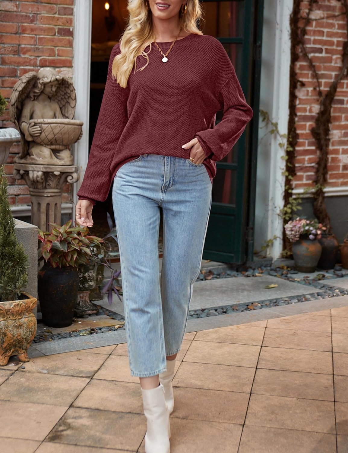 image:imageMEROKEETY Womens Fall Cozy Cute Heathered Knit Loose Pullover Sweaters 2026 Ladies Trendy Winter Relaxed Oversized Fit Crew Neck Casual Long Sleeve Slouchy Warm Holiday Jumper TopsBurgundy