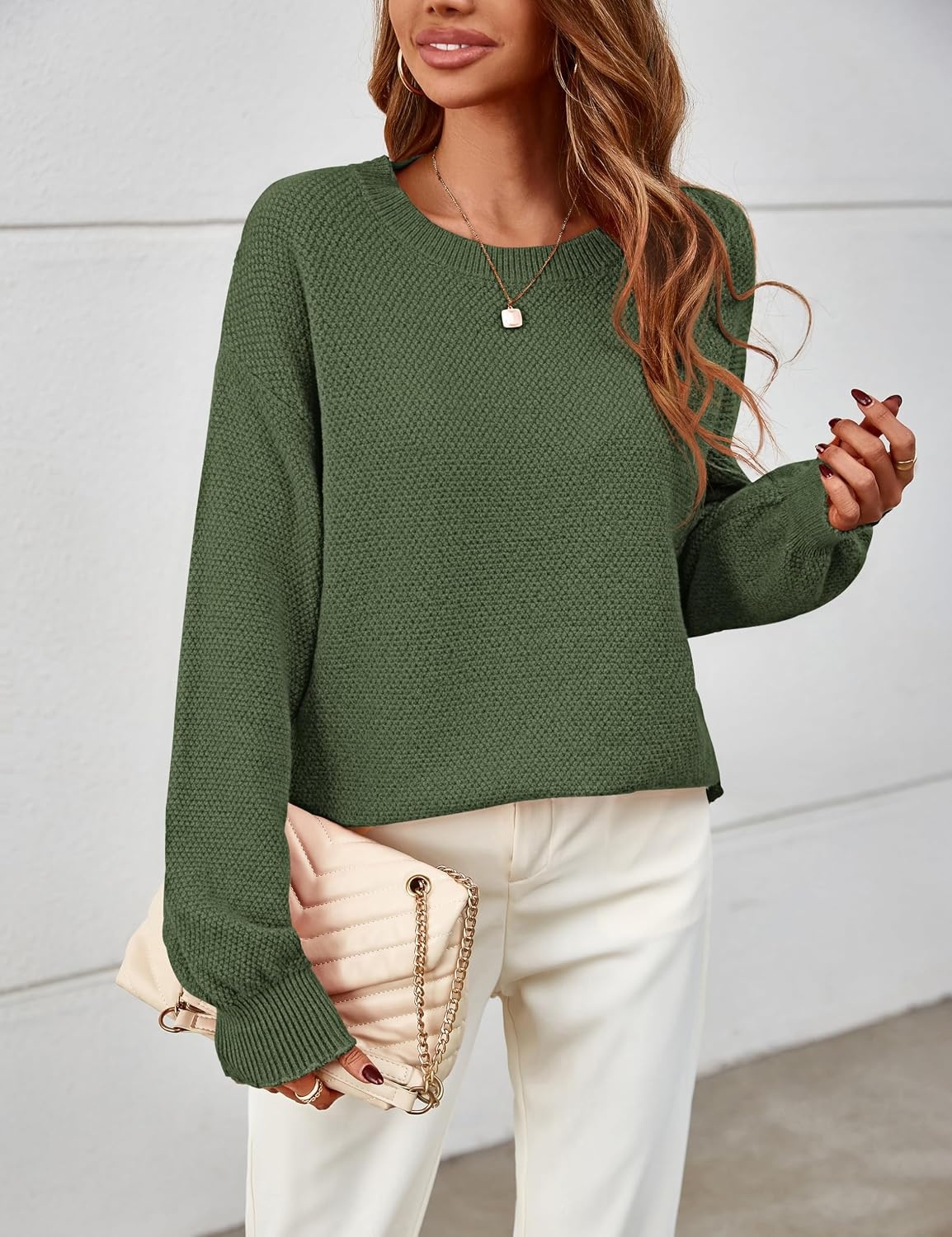 image:imageMEROKEETY Womens Fall Cozy Cute Heathered Knit Loose Pullover Sweaters 2026 Ladies Trendy Winter Relaxed Oversized Fit Crew Neck Casual Long Sleeve Slouchy Warm Holiday Jumper TopsArmy Green
