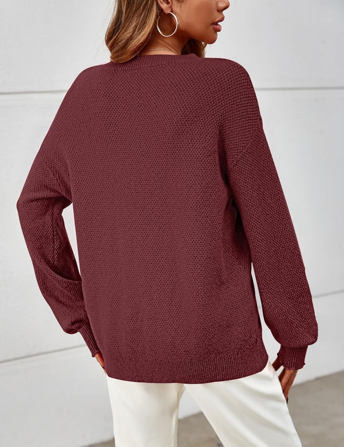image:imageMEROKEETY Womens Fall Cozy Cute Heathered Knit Loose Pullover Sweaters 2026 Ladies Trendy Winter Relaxed Oversized Fit Crew Neck Casual Long Sleeve Slouchy Warm Holiday Jumper TopsBurgundy