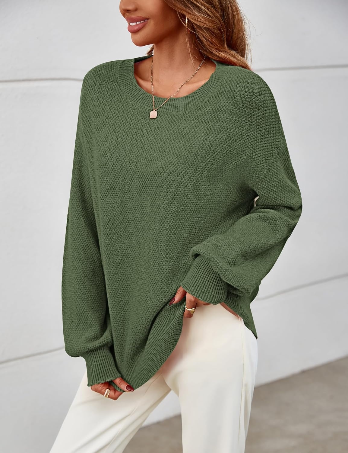 image:imageMEROKEETY Womens Fall Cozy Cute Heathered Knit Loose Pullover Sweaters 2026 Ladies Trendy Winter Relaxed Oversized Fit Crew Neck Casual Long Sleeve Slouchy Warm Holiday Jumper TopsArmy Green