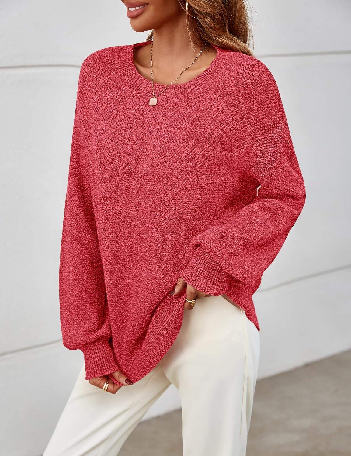 image:imageMEROKEETY Womens Fall Cozy Cute Heathered Knit Loose Pullover Sweaters 2026 Ladies Trendy Winter Relaxed Oversized Fit Crew Neck Casual Long Sleeve Slouchy Warm Holiday Jumper TopsRed