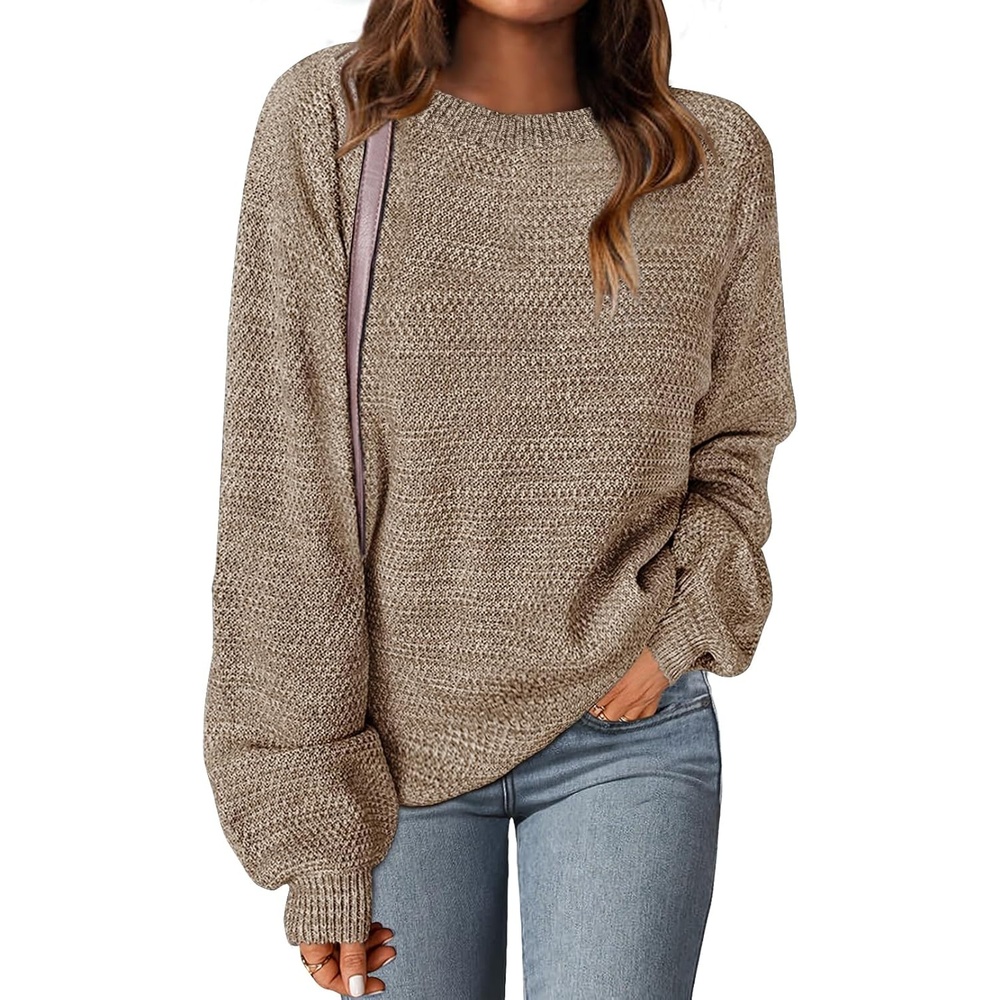 image:imageMEROKEETY Womens Fall Cozy Cute Heathered Knit Loose Pullover Sweaters 2026 Ladies Trendy Winter Relaxed Oversized Fit Crew Neck Casual Long Sleeve Slouchy Warm Holiday Jumper TopsMocha