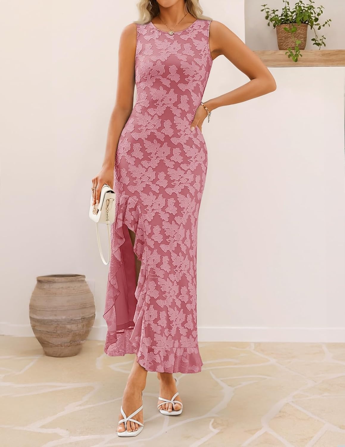 image:imageMEROKEETY Womens Summer Floral Ruffle Maxi Dress High Slit Sleeveless Bodycon Formal Cocktail Wedding Guest Prom DressesDustypink