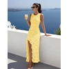 MEROKEETY Women’s Summer Floral Ruffle Maxi Dress High Slit Sleeveless Bodycon Formal Cocktail Wedding Guest Prom Dresses(Yellow)