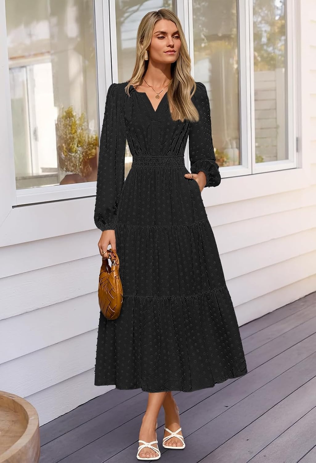 image:imageMEROKEETY Womens Fall Long Sleeve Swiss Dots Boho Maxi Dress Puff SleeveV Neck Wedding Guest Cocktail Long Dresses Double Layers Tiered Hem Elegant Classy Modern DressPocketsBlack