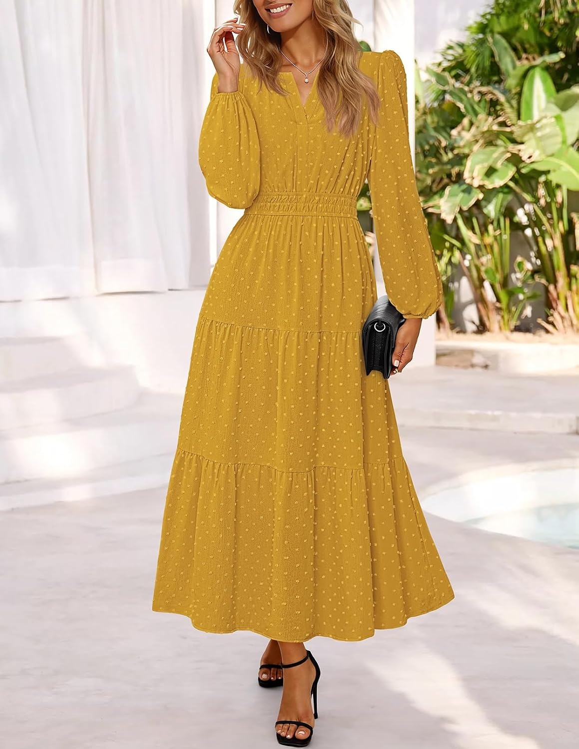 image:imageMEROKEETY Womens Fall Long Sleeve Swiss Dots Boho Maxi Dress Puff SleeveV Neck Wedding Guest Cocktail Long Dresses Double Layers Tiered Hem Elegant Classy Modern DressPocketsTurmeric