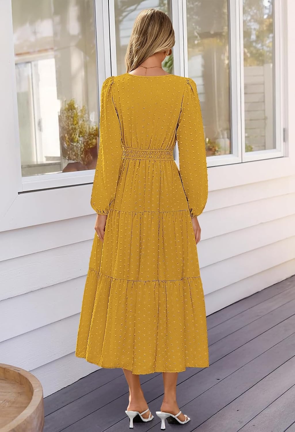 image:imageMEROKEETY Womens Fall Long Sleeve Swiss Dots Boho Maxi Dress Puff SleeveV Neck Wedding Guest Cocktail Long Dresses Double Layers Tiered Hem Elegant Classy Modern DressPocketsTurmeric