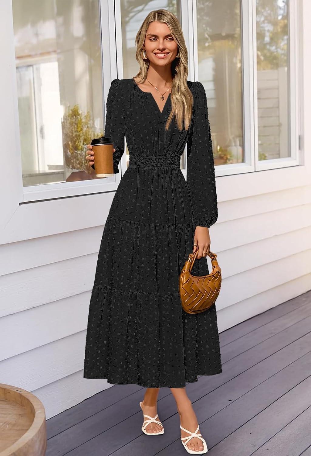 image:imageMEROKEETY Womens Fall Long Sleeve Swiss Dots Boho Maxi Dress Puff SleeveV Neck Wedding Guest Cocktail Long Dresses Double Layers Tiered Hem Elegant Classy Modern DressPocketsBlack
