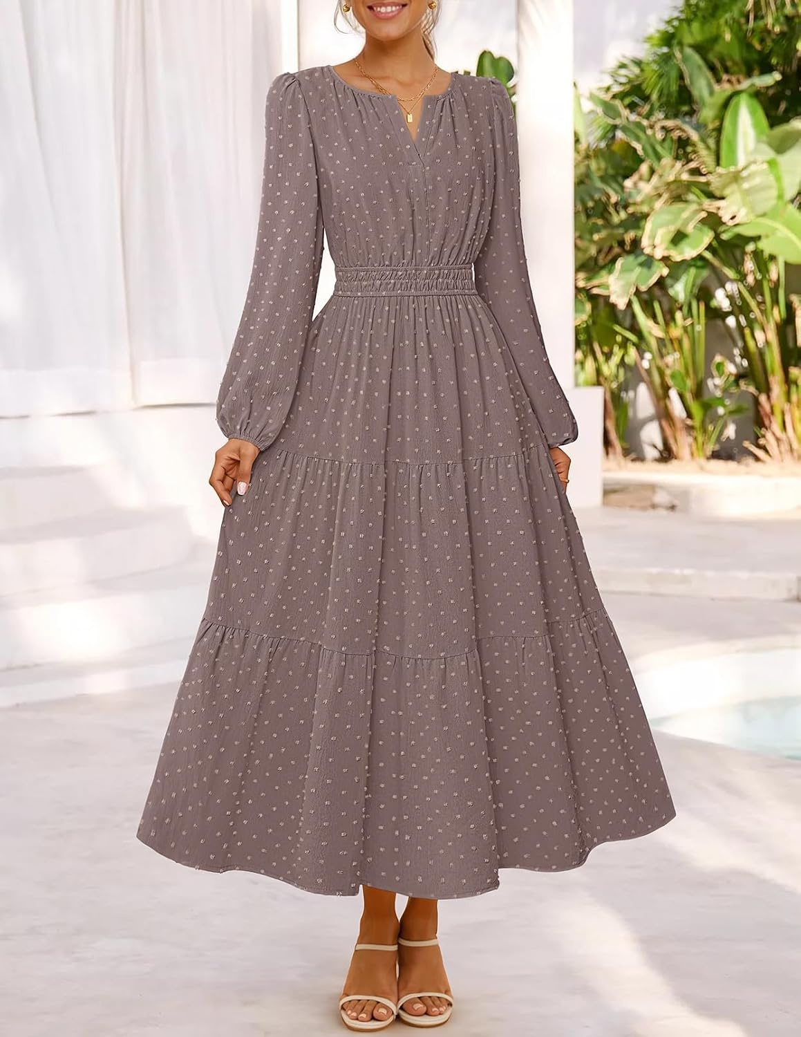 image:imageMEROKEETY Womens Fall Long Sleeve Swiss Dots Boho Maxi Dress Puff SleeveV Neck Wedding Guest Cocktail Long Dresses Double Layers Tiered Hem Elegant Classy Modern DressPocketsMocha