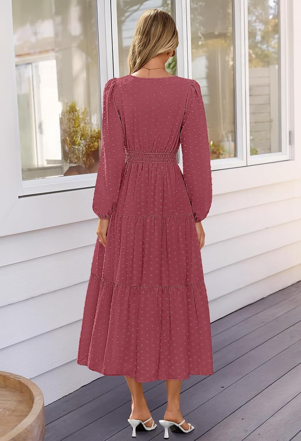 image:imageMEROKEETY Womens Fall Long Sleeve Swiss Dots Boho Maxi Dress Puff SleeveV Neck Wedding Guest Cocktail Long Dresses Double Layers Tiered Hem Elegant Classy Modern DressPocketsMaroon