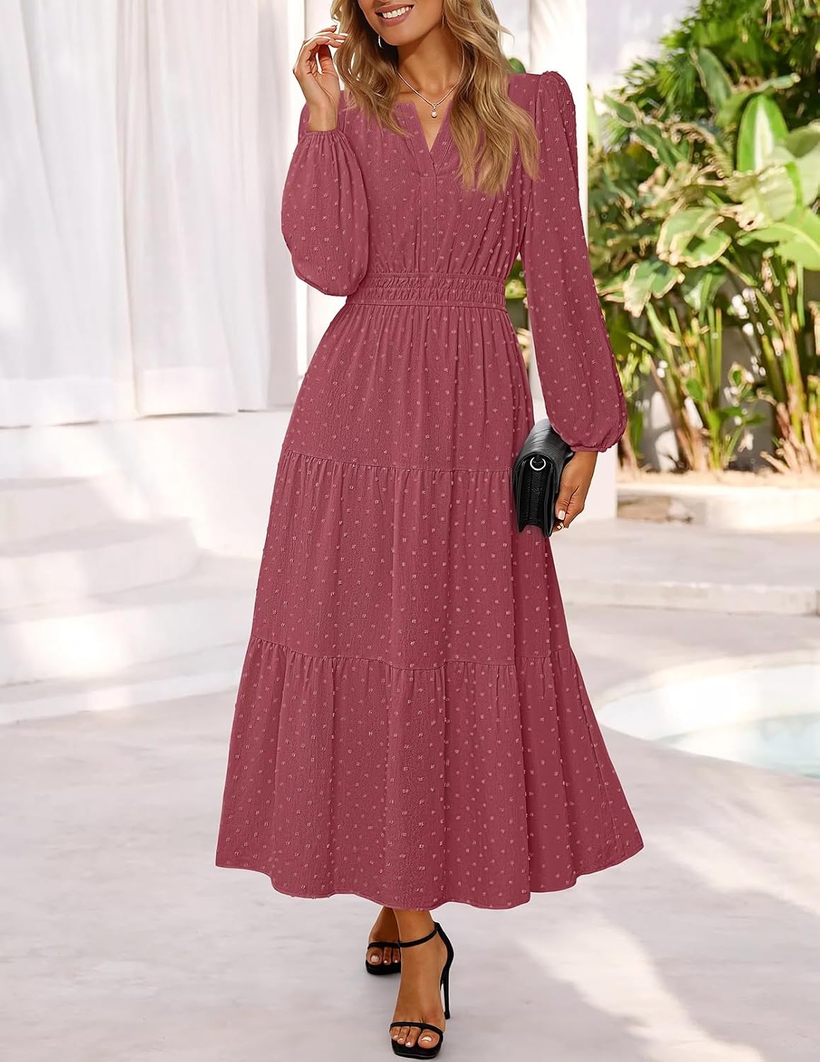 image:imageMEROKEETY Womens Fall Long Sleeve Swiss Dots Boho Maxi Dress Puff SleeveV Neck Wedding Guest Cocktail Long Dresses Double Layers Tiered Hem Elegant Classy Modern DressPocketsMaroon