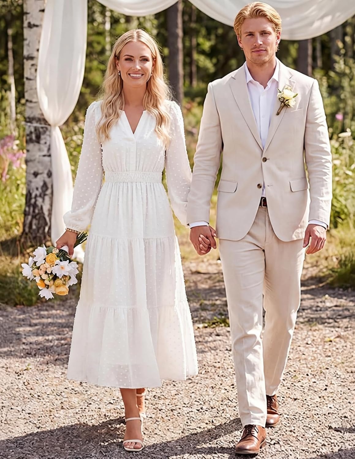 image:imageMEROKEETY Womens Fall Long Sleeve Swiss Dots Boho Maxi Dress Puff SleeveV Neck Wedding Guest Cocktail Long Dresses Double Layers Tiered Hem Elegant Classy Modern DressPocketsWhite