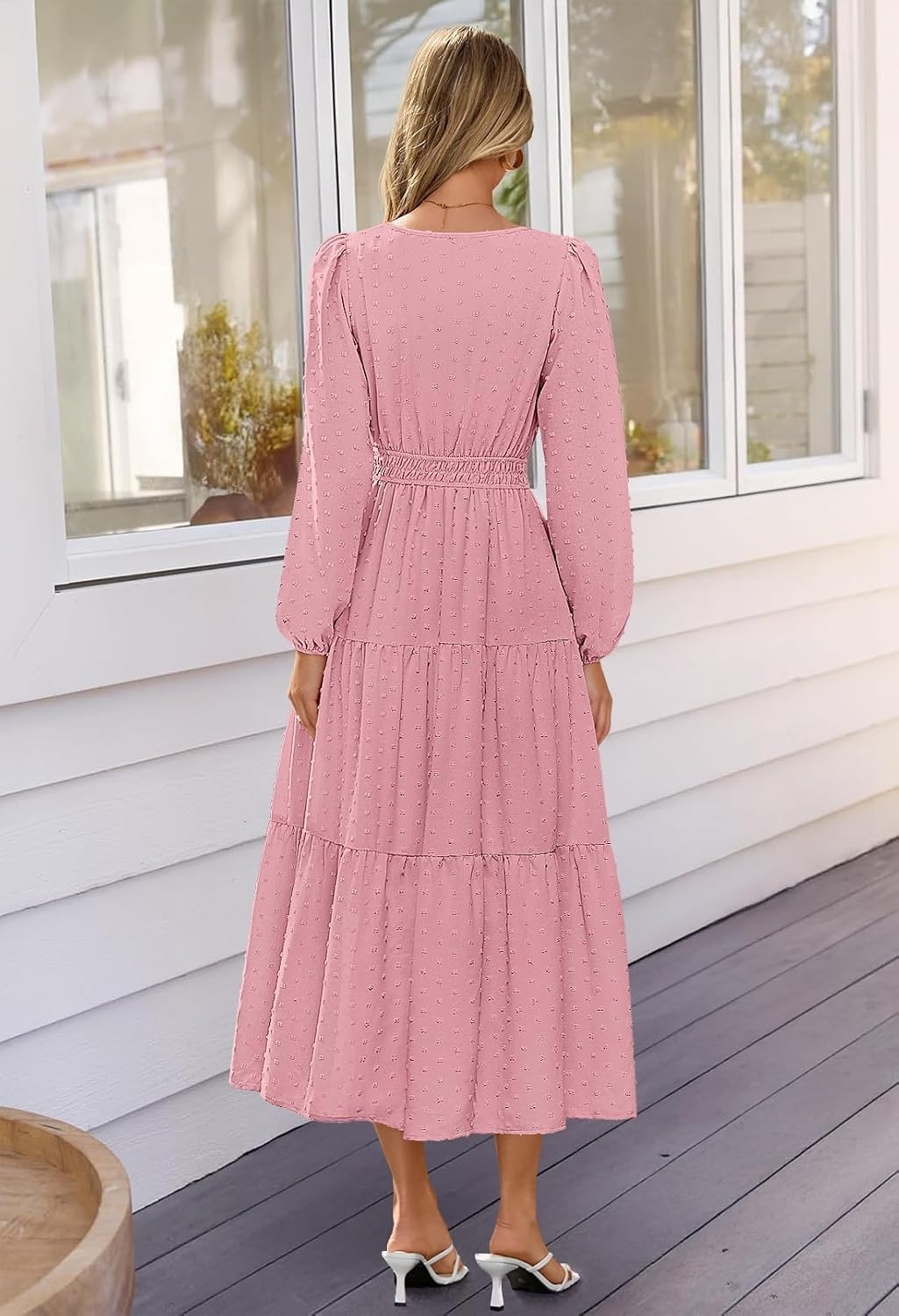 image:imageMEROKEETY Womens Fall Long Sleeve Swiss Dots Boho Maxi Dress Puff SleeveV Neck Wedding Guest Cocktail Long Dresses Double Layers Tiered Hem Elegant Classy Modern DressPocketsPink