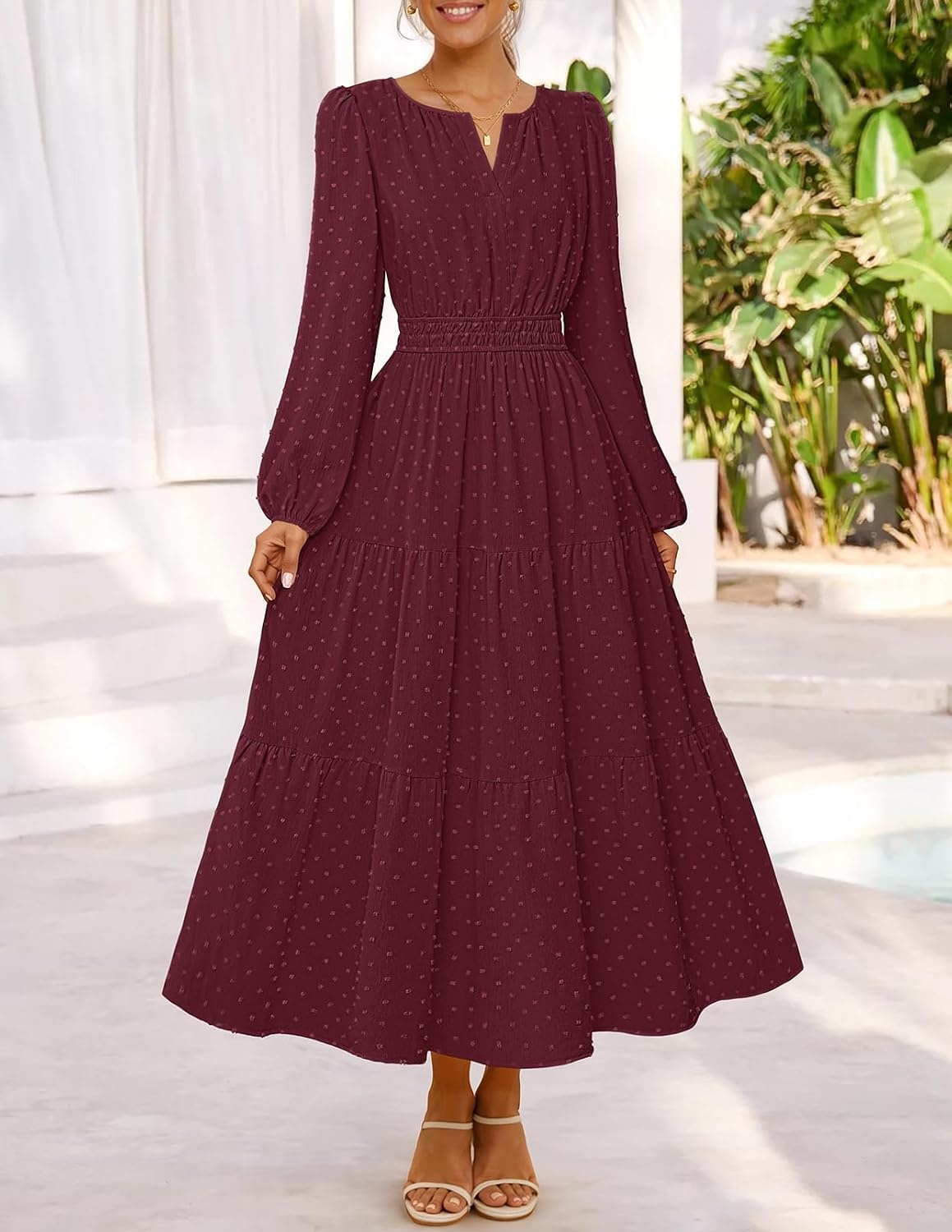 image:imageMEROKEETY Womens Fall Long Sleeve Swiss Dots Boho Maxi Dress Puff SleeveV Neck Wedding Guest Cocktail Long Dresses Double Layers Tiered Hem Elegant Classy Modern DressPocketsWine