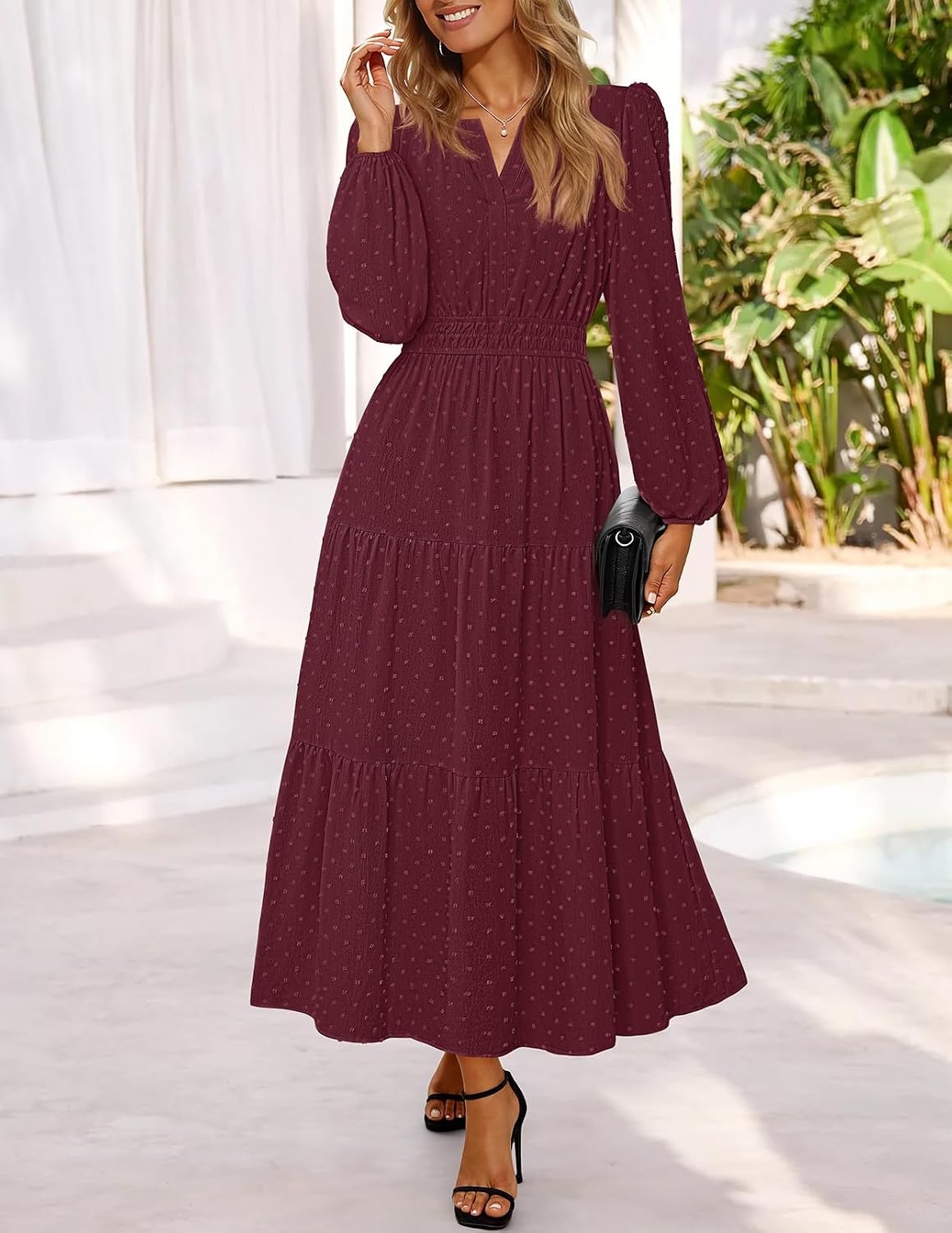 image:imageMEROKEETY Womens Fall Long Sleeve Swiss Dots Boho Maxi Dress Puff SleeveV Neck Wedding Guest Cocktail Long Dresses Double Layers Tiered Hem Elegant Classy Modern DressPocketsWine