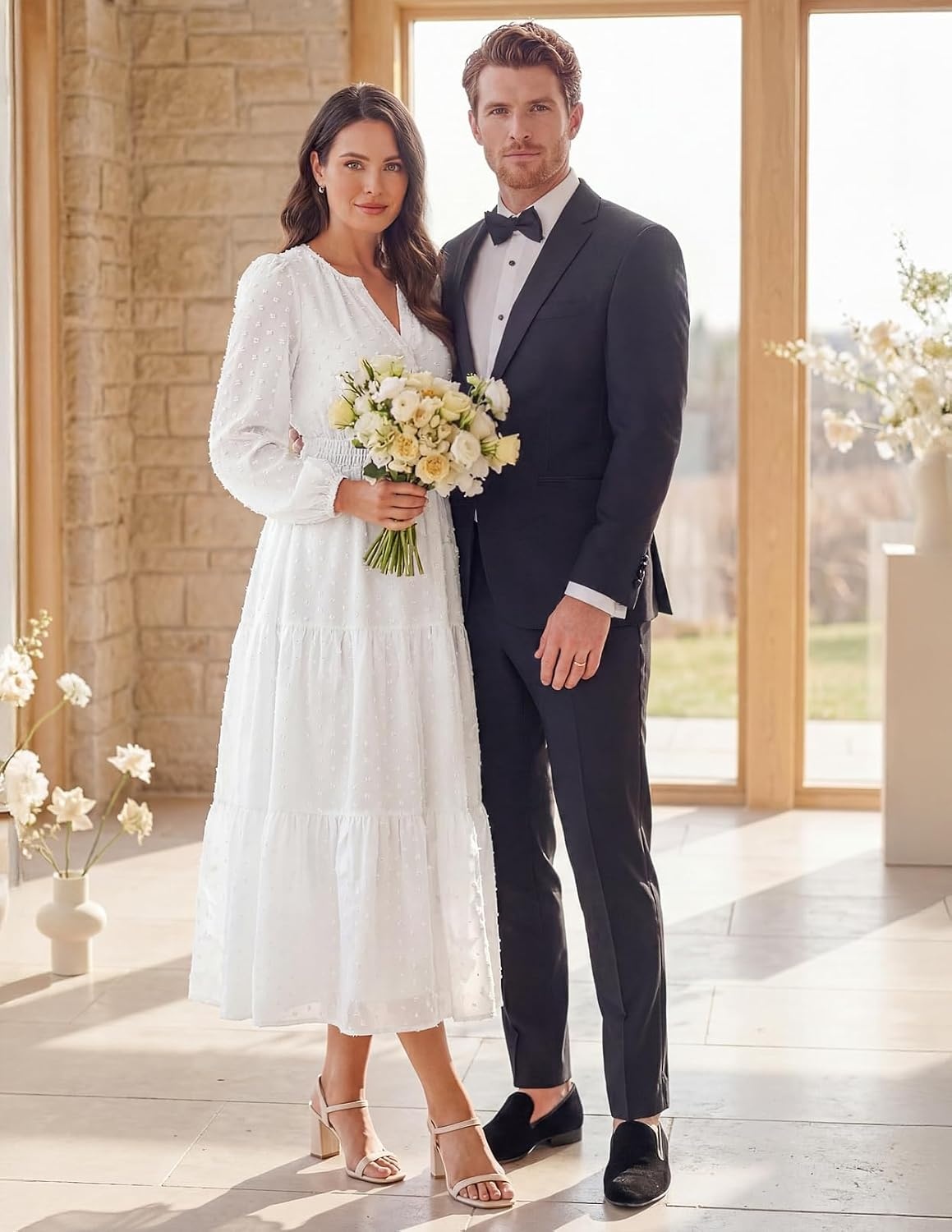image:imageMEROKEETY Womens Fall Long Sleeve Swiss Dots Boho Maxi Dress Puff SleeveV Neck Wedding Guest Cocktail Long Dresses Double Layers Tiered Hem Elegant Classy Modern DressPocketsWhite