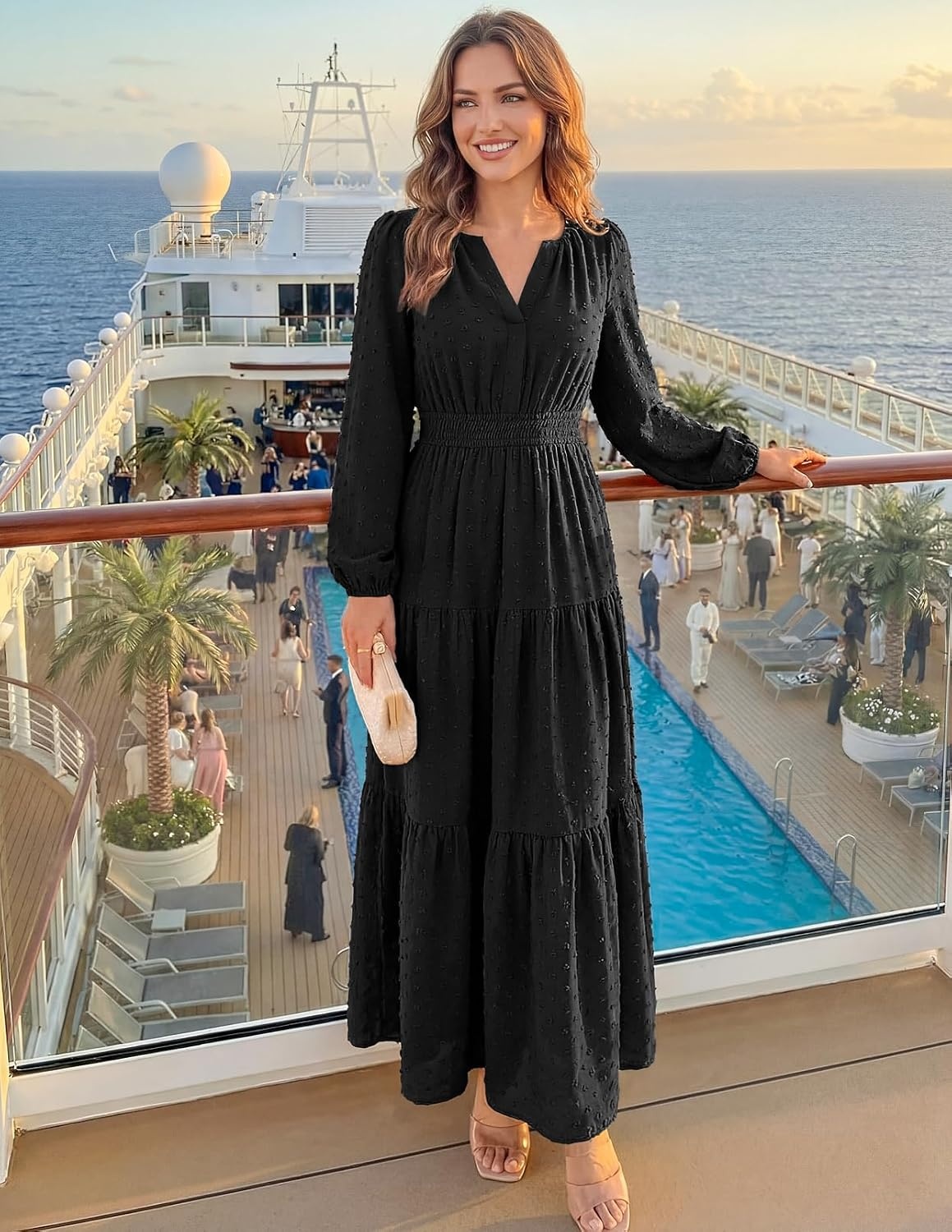 image:imageMEROKEETY Womens Fall Long Sleeve Swiss Dots Boho Maxi Dress Puff SleeveV Neck Wedding Guest Cocktail Long Dresses Double Layers Tiered Hem Elegant Classy Modern DressPocketsBlack