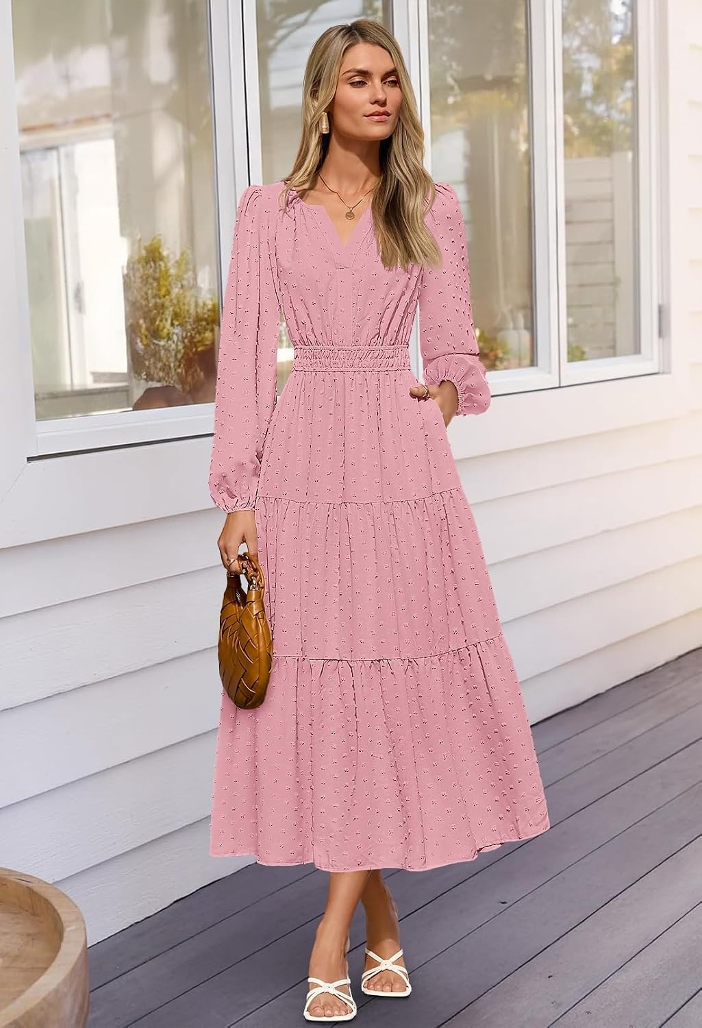 image:imageMEROKEETY Womens Fall Long Sleeve Swiss Dots Boho Maxi Dress Puff SleeveV Neck Wedding Guest Cocktail Long Dresses Double Layers Tiered Hem Elegant Classy Modern DressPocketsPink
