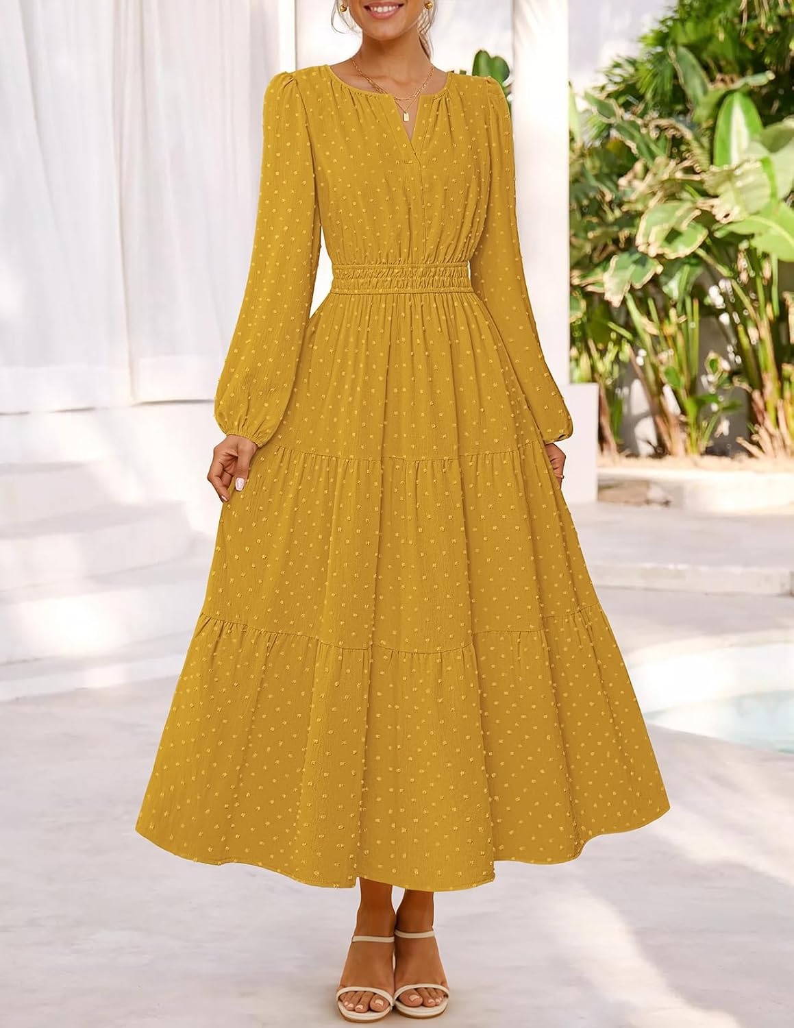 image:imageMEROKEETY Womens Fall Long Sleeve Swiss Dots Boho Maxi Dress Puff SleeveV Neck Wedding Guest Cocktail Long Dresses Double Layers Tiered Hem Elegant Classy Modern DressPocketsTurmeric