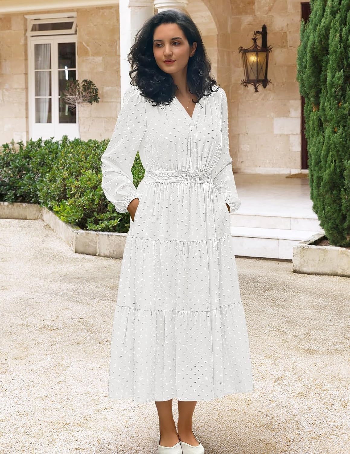 image:imageMEROKEETY Womens Fall Long Sleeve Swiss Dots Boho Maxi Dress Puff SleeveV Neck Wedding Guest Cocktail Long Dresses Double Layers Tiered Hem Elegant Classy Modern DressPocketsWhite